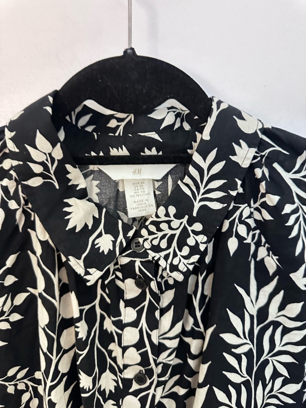 NWT H&M XL cotton black-white floral button long sleeve midi A-Line ruffle dress - Picture 5 of 16